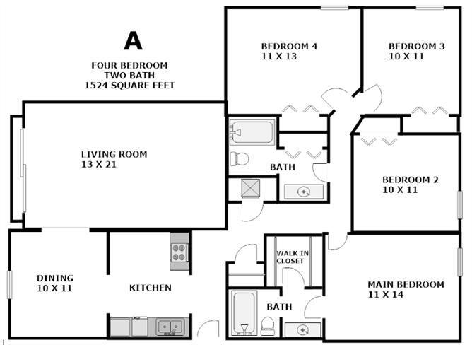 Four Bed Two Bath 1524 Sq Ft Floor Plan 6